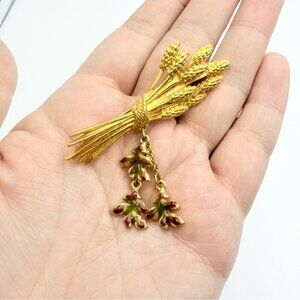 Vintage Gold Tone Cornstalks Wheat Enamel Pin Brooch